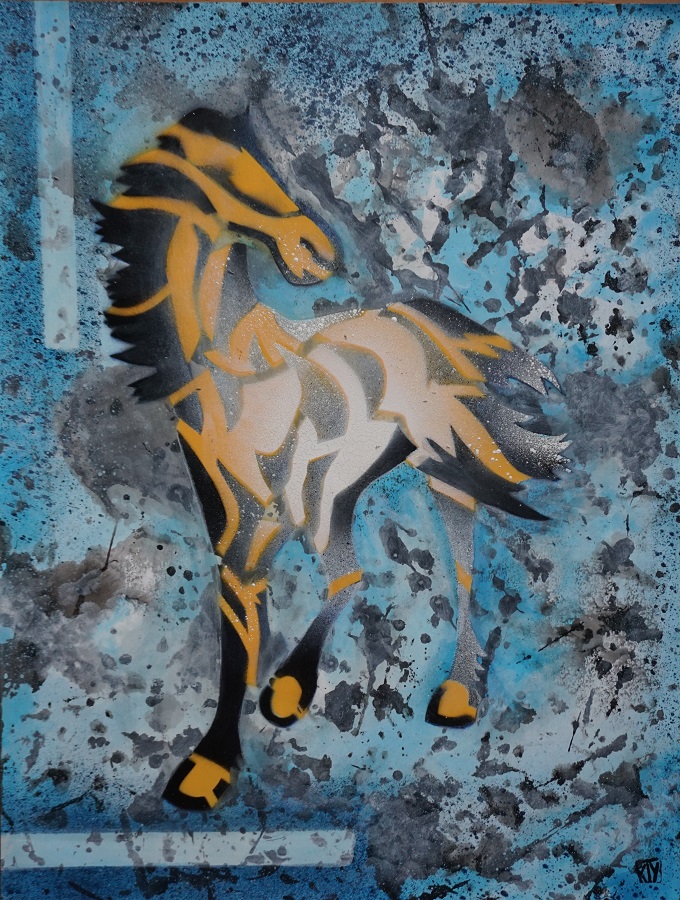 Cheval bleu peinture acrylique et encre de chine sur papier  65 x 50 cm de Catherine Poulain