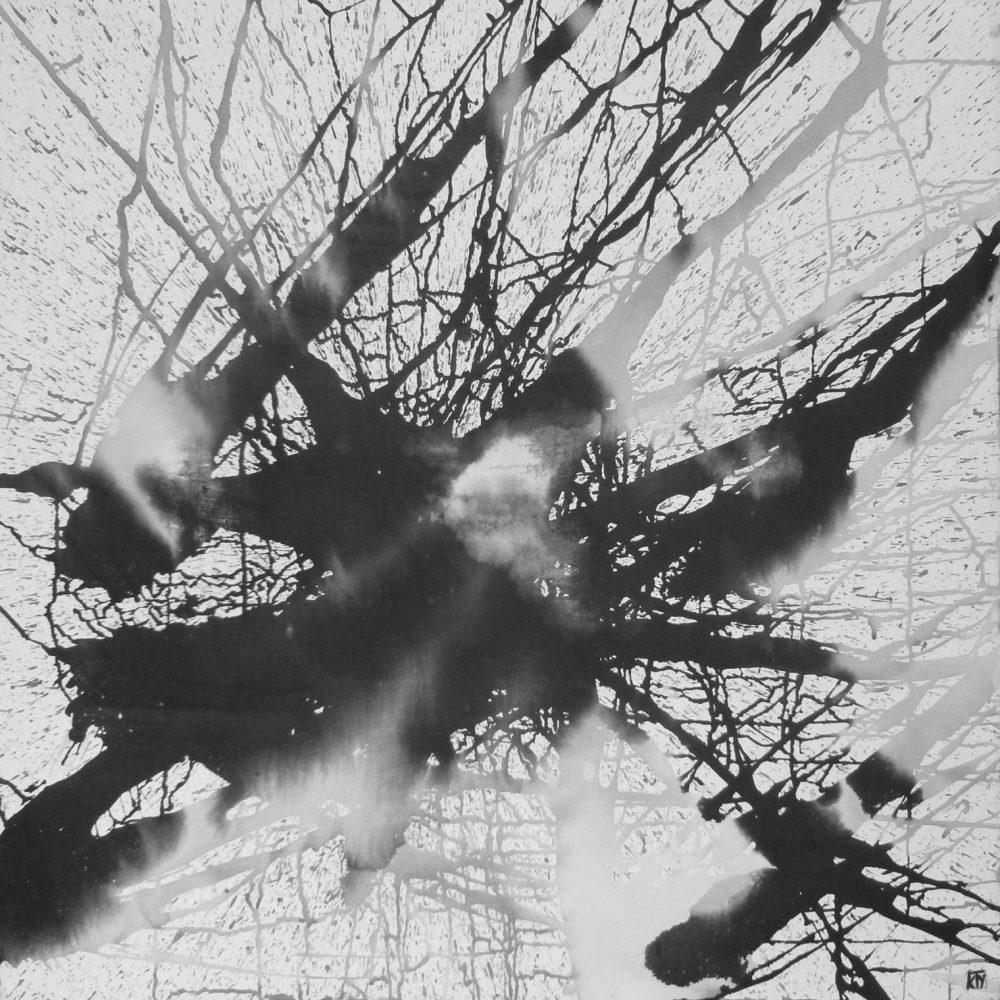 Derrière la ville, peinture acrylique et huile sur toile 100x 100 cm, 2011 de Catherine Poulain