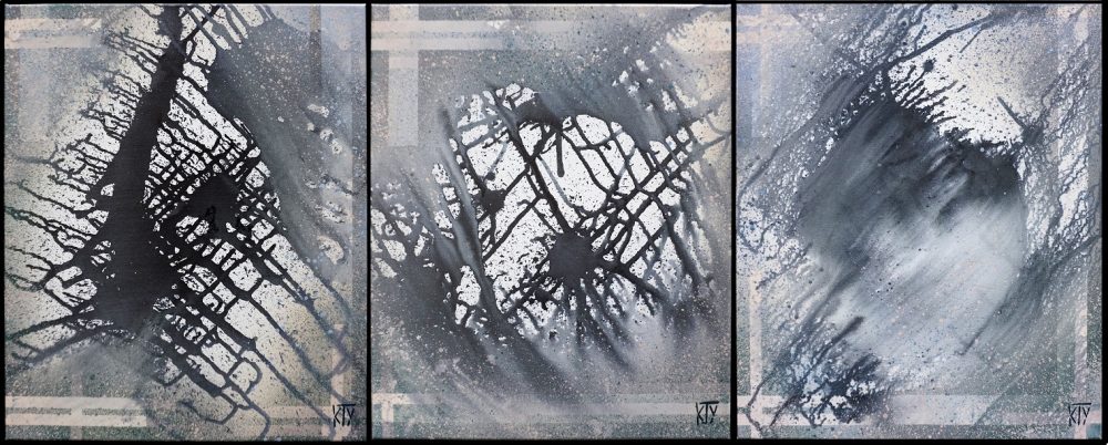 Météore foudre, Météore étoile, Météore brouillard, peintures acrylique sur toile, 38 x 46 cm de Catherine Poulain, 2026