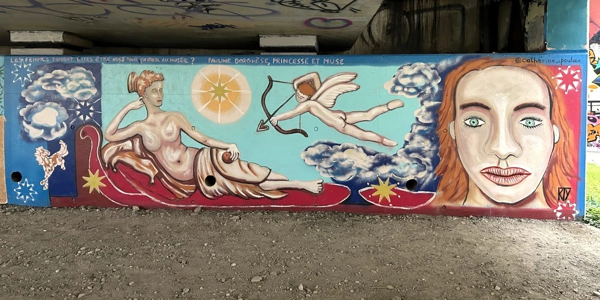 Pauline Borghèse, princesse et muse, fresque murale aérosol et pochoir, 5m x 1m50, KTY Catherine Poulain, Spot 13 Paris — catherine-poulain.com